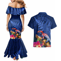 New Zealand Tuatara Couples Matching Mermaid Dress and Hawaiian Shirt Silver Fern Hibiscus and Tribal Maori Pattern Blue Color LT03 - Polynesian Pride