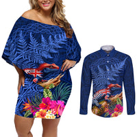 New Zealand Tuatara Couples Matching Off Shoulder Short Dress and Long Sleeve Button Shirt Silver Fern Hibiscus and Tribal Maori Pattern Blue Color LT03 Blue - Polynesian Pride