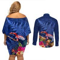 New Zealand Tuatara Couples Matching Off Shoulder Short Dress and Long Sleeve Button Shirt Silver Fern Hibiscus and Tribal Maori Pattern Blue Color