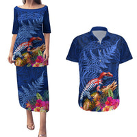 New Zealand Tuatara Couples Matching Puletasi and Hawaiian Shirt Silver Fern Hibiscus and Tribal Maori Pattern Blue Color LT03 Blue - Polynesian Pride