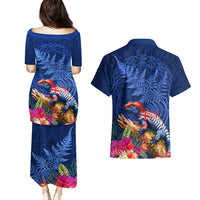 New Zealand Tuatara Couples Matching Puletasi and Hawaiian Shirt Silver Fern Hibiscus and Tribal Maori Pattern Blue Color