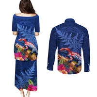 New Zealand Tuatara Couples Matching Puletasi and Long Sleeve Button Shirt Silver Fern Hibiscus and Tribal Maori Pattern Blue Color LT03 - Polynesian Pride