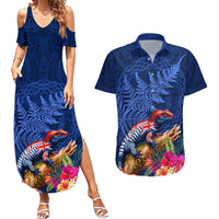 New Zealand Tuatara Couples Matching Summer Maxi Dress and Hawaiian Shirt Silver Fern Hibiscus and Tribal Maori Pattern Blue Color LT03 Blue - Polynesian Pride