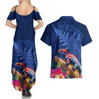 New Zealand Tuatara Couples Matching Summer Maxi Dress and Hawaiian Shirt Silver Fern Hibiscus and Tribal Maori Pattern Blue Color LT03 - Polynesian Pride