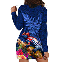New Zealand Tuatara Hoodie Dress Silver Fern Hibiscus and Tribal Maori Pattern Blue Color LT03 - Polynesian Pride
