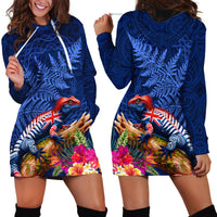 New Zealand Tuatara Hoodie Dress Silver Fern Hibiscus and Tribal Maori Pattern Blue Color LT03 - Polynesian Pride