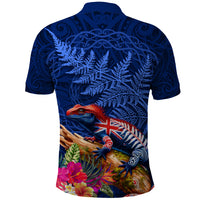 New Zealand Tuatara Polo Shirt Silver Fern Hibiscus and Tribal Maori Pattern Blue Color