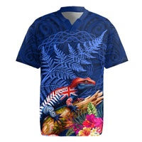 New Zealand Tuatara Rugby Jersey Silver Fern Hibiscus and Tribal Maori Pattern Blue Color LT03 Blue - Polynesian Pride