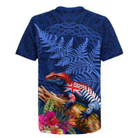New Zealand Tuatara Rugby Jersey Silver Fern Hibiscus and Tribal Maori Pattern Blue Color LT03 - Polynesian Pride