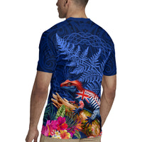 New Zealand Tuatara Rugby Jersey Silver Fern Hibiscus and Tribal Maori Pattern Blue Color LT03 - Polynesian Pride