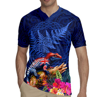 New Zealand Tuatara Rugby Jersey Silver Fern Hibiscus and Tribal Maori Pattern Blue Color LT03 - Polynesian Pride