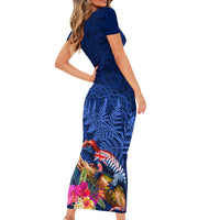 New Zealand Tuatara Short Sleeve Bodycon Dress Silver Fern Hibiscus and Tribal Maori Pattern Blue Color LT03 - Polynesian Pride