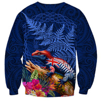 New Zealand Tuatara Sweatshirt Silver Fern Hibiscus and Tribal Maori Pattern Blue Color