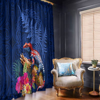 New Zealand Tuatara Window Curtain Silver Fern Hibiscus and Tribal Maori Pattern Blue Color