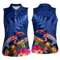 New Zealand Tuatara Women Sleeveless Polo Shirt Silver Fern Hibiscus and Tribal Maori Pattern Blue Color