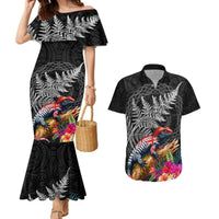 New Zealand Tuatara Couples Matching Mermaid Dress and Hawaiian Shirt Silver Fern Hibiscus and Tribal Maori Pattern Black Color LT03 Black - Polynesian Pride