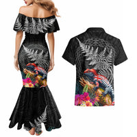 New Zealand Tuatara Couples Matching Mermaid Dress and Hawaiian Shirt Silver Fern Hibiscus and Tribal Maori Pattern Black Color LT03 - Polynesian Pride