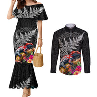 New Zealand Tuatara Couples Matching Mermaid Dress and Long Sleeve Button Shirt Silver Fern Hibiscus and Tribal Maori Pattern Black Color LT03 Black - Polynesian Pride