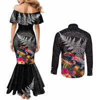 New Zealand Tuatara Couples Matching Mermaid Dress and Long Sleeve Button Shirt Silver Fern Hibiscus and Tribal Maori Pattern Black Color LT03 - Polynesian Pride