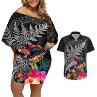 New Zealand Tuatara Couples Matching Off Shoulder Short Dress and Hawaiian Shirt Silver Fern Hibiscus and Tribal Maori Pattern Black Color LT03 Black - Polynesian Pride