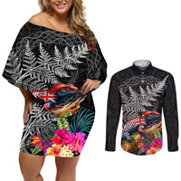 New Zealand Tuatara Couples Matching Off Shoulder Short Dress and Long Sleeve Button Shirt Silver Fern Hibiscus and Tribal Maori Pattern Black Color LT03 Black - Polynesian Pride