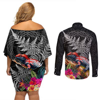 New Zealand Tuatara Couples Matching Off Shoulder Short Dress and Long Sleeve Button Shirt Silver Fern Hibiscus and Tribal Maori Pattern Black Color LT03 - Polynesian Pride