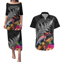 New Zealand Tuatara Couples Matching Puletasi and Hawaiian Shirt Silver Fern Hibiscus and Tribal Maori Pattern Black Color LT03 Black - Polynesian Pride