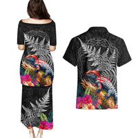 New Zealand Tuatara Couples Matching Puletasi and Hawaiian Shirt Silver Fern Hibiscus and Tribal Maori Pattern Black Color LT03 - Polynesian Pride