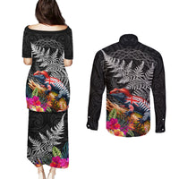 New Zealand Tuatara Couples Matching Puletasi and Long Sleeve Button Shirt Silver Fern Hibiscus and Tribal Maori Pattern Black Color LT03 - Polynesian Pride