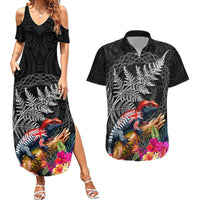 New Zealand Tuatara Couples Matching Summer Maxi Dress and Hawaiian Shirt Silver Fern Hibiscus and Tribal Maori Pattern Black Color LT03 Black - Polynesian Pride