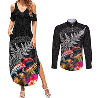 New Zealand Tuatara Couples Matching Summer Maxi Dress and Long Sleeve Button Shirt Silver Fern Hibiscus and Tribal Maori Pattern Black Color LT03 Black - Polynesian Pride