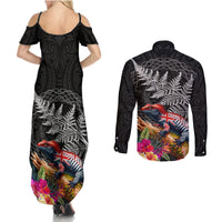 New Zealand Tuatara Couples Matching Summer Maxi Dress and Long Sleeve Button Shirt Silver Fern Hibiscus and Tribal Maori Pattern Black Color LT03 - Polynesian Pride