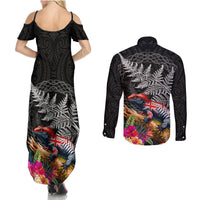 New Zealand Tuatara Couples Matching Summer Maxi Dress and Long Sleeve Button Shirt Silver Fern Hibiscus and Tribal Maori Pattern Black Color LT03 - Polynesian Pride