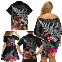 New Zealand Tuatara Family Matching Off Shoulder Short Dress and Hawaiian Shirt Silver Fern Hibiscus and Tribal Maori Pattern Black Color