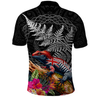 New Zealand Tuatara Polo Shirt Silver Fern Hibiscus and Tribal Maori Pattern Black Color
