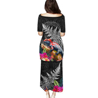 New Zealand Tuatara Puletasi Silver Fern Hibiscus and Tribal Maori Pattern Black Color LT03 - Polynesian Pride