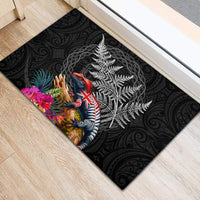 New Zealand Tuatara Rubber Doormat Silver Fern Hibiscus and Tribal Maori Pattern Black Color