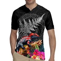 New Zealand Tuatara Rugby Jersey Silver Fern Hibiscus and Tribal Maori Pattern Black Color LT03 - Polynesian Pride