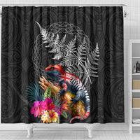 New Zealand Tuatara Shower Curtain Silver Fern Hibiscus and Tribal Maori Pattern Black Color
