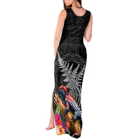 New Zealand Tuatara Tank Maxi Dress Silver Fern Hibiscus and Tribal Maori Pattern Black Color LT03 - Polynesian Pride