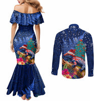 New Zealand Tuatara Christmas Couples Matching Mermaid Dress and Long Sleeve Button Shirt Silver Fern and Xmas Pohutukawa Tree Blue Color LT03 - Polynesian Pride