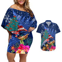 New Zealand Tuatara Christmas Couples Matching Off Shoulder Short Dress and Hawaiian Shirt Silver Fern and Xmas Pohutukawa Tree Blue Color