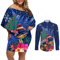 New Zealand Tuatara Christmas Couples Matching Off Shoulder Short Dress and Long Sleeve Button Shirt Silver Fern and Xmas Pohutukawa Tree Blue Color LT03 Blue - Polynesian Pride