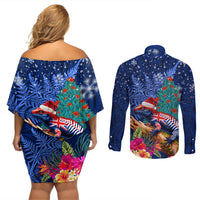 New Zealand Tuatara Christmas Couples Matching Off Shoulder Short Dress and Long Sleeve Button Shirt Silver Fern and Xmas Pohutukawa Tree Blue Color LT03 - Polynesian Pride