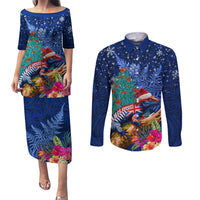 New Zealand Tuatara Christmas Couples Matching Puletasi and Long Sleeve Button Shirt Silver Fern and Xmas Pohutukawa Tree Blue Color LT03 Blue - Polynesian Pride
