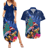 New Zealand Tuatara Christmas Couples Matching Summer Maxi Dress and Hawaiian Shirt Silver Fern and Xmas Pohutukawa Tree Blue Color LT03 Blue - Polynesian Pride