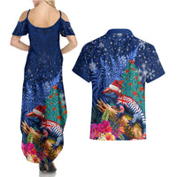 New Zealand Tuatara Christmas Couples Matching Summer Maxi Dress and Hawaiian Shirt Silver Fern and Xmas Pohutukawa Tree Blue Color LT03 - Polynesian Pride