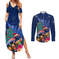 New Zealand Tuatara Christmas Couples Matching Summer Maxi Dress and Long Sleeve Button Shirt Silver Fern and Xmas Pohutukawa Tree Blue Color LT03 Blue - Polynesian Pride