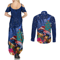 New Zealand Tuatara Christmas Couples Matching Summer Maxi Dress and Long Sleeve Button Shirt Silver Fern and Xmas Pohutukawa Tree Blue Color LT03 - Polynesian Pride