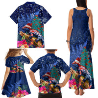 New Zealand Tuatara Christmas Family Matching Tank Maxi Dress and Hawaiian Shirt Silver Fern and Xmas Pohutukawa Tree Blue Color